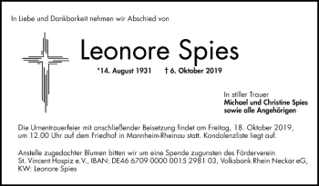 Traueranzeige von Leonore Spies von Mannheimer Morgen