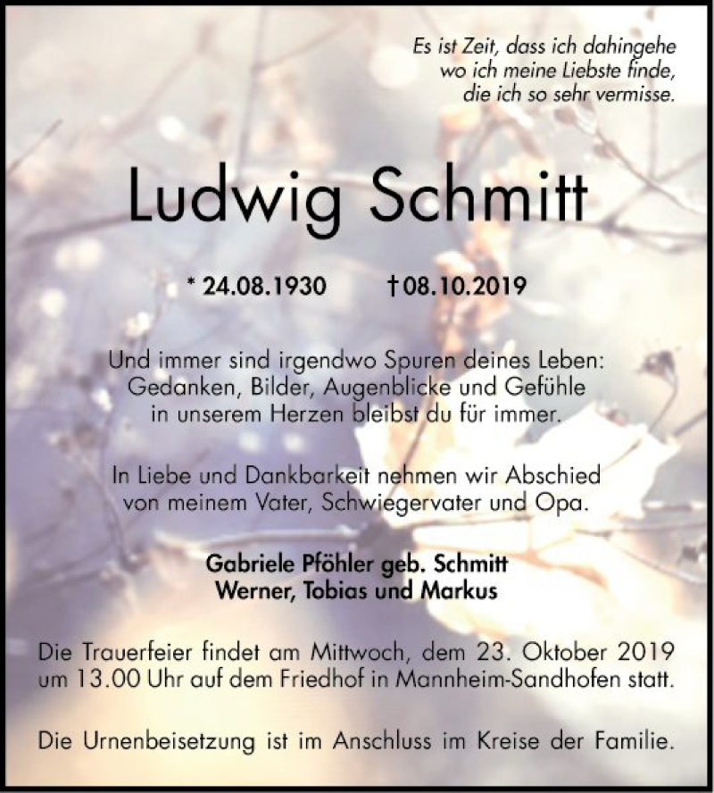  Traueranzeige für Ludwig Schmitt vom 19.10.2019 aus Mannheimer Morgen