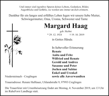 Traueranzeige von Margard Haag von Fränkische Nachrichten