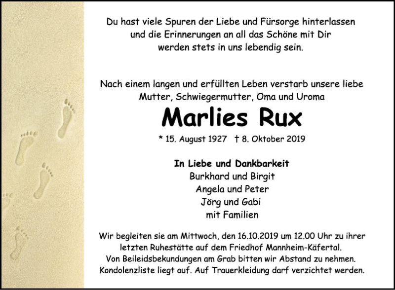  Traueranzeige für Marlies Rux vom 12.10.2019 aus Mannheimer Morgen