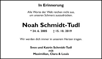 Traueranzeige von Noah Schmidt-Tudl von Fränkische Nachrichten
