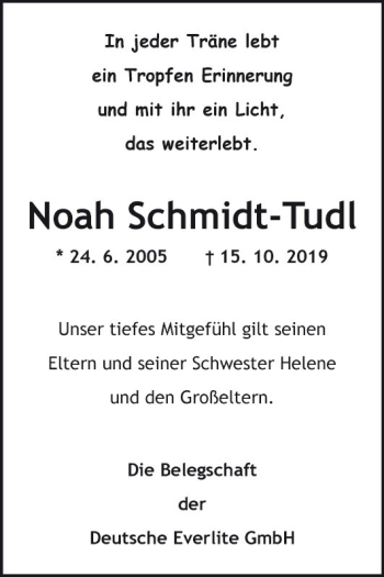 Traueranzeige von Noah Schmidt-Tudl von Fränkische Nachrichten