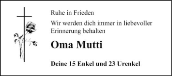 Traueranzeige von Oma Mutti  von Fränkische Nachrichten