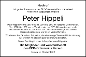 Traueranzeige von Peter Hippeli von Schwetzinger Zeitung