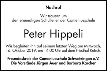 Traueranzeige von Peter Hippeli von Schwetzinger Zeitung