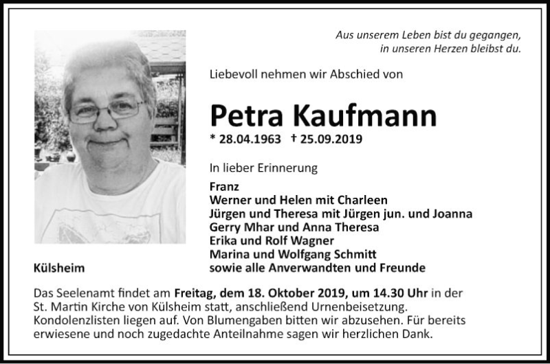  Traueranzeige für Petra Kaufmann vom 11.10.2019 aus Fränkische Nachrichten