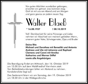 Traueranzeige von Walter Blaeß von Südhessen Morgen