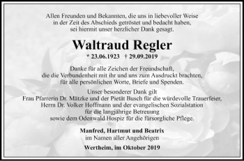 Traueranzeige von Waltraud Regler von Fränkische Nachrichten