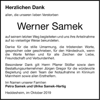 Traueranzeige von Werner Samek von Mannheimer Morgen