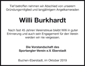 Traueranzeige von Willi Burkhardt von Fränkische Nachrichten