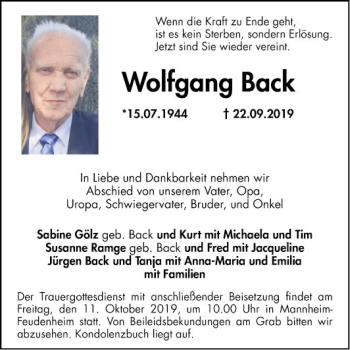 Traueranzeige von Wolfgang Back von Mannheimer Morgen