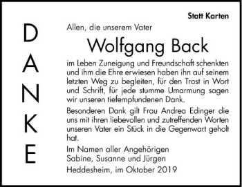 Traueranzeige von Wolfgang Back von Mannheimer Morgen