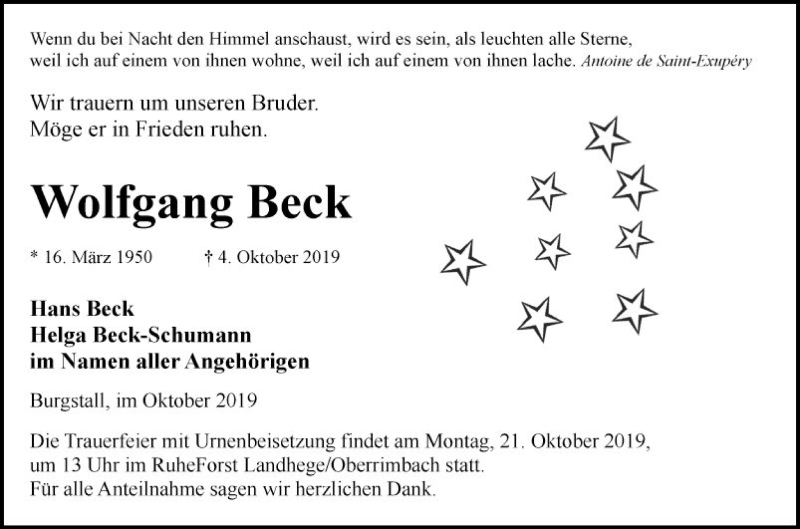  Traueranzeige für Wolfgang Beck vom 18.10.2019 aus Fränkische Nachrichten