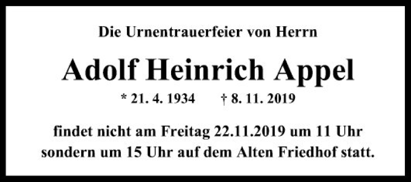  Traueranzeige für Adolf Heinrich Appel vom 21.11.2019 aus Fränkische Nachrichten