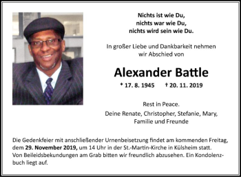 Traueranzeige von Alexander Battle von Fränkische Nachrichten