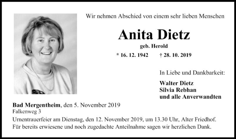  Traueranzeige für Anita Dietz vom 05.11.2019 aus Fränkische Nachrichten