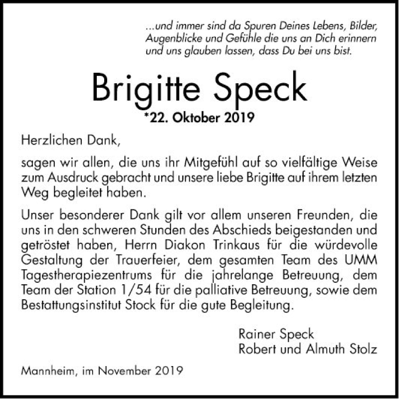  Traueranzeige für Brigitte Speck vom 09.11.2019 aus Mannheimer Morgen