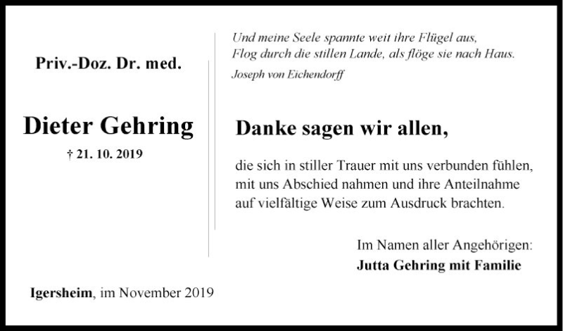  Traueranzeige für Dieter Gehring vom 21.11.2019 aus Fränkische Nachrichten