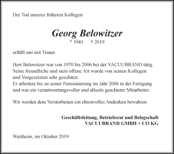 Traueranzeige von Georg Belowitzer von Fränkische Nachrichten