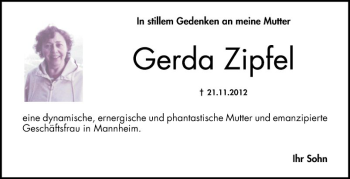 Traueranzeige von Gerda Zipfel von Mannheimer Morgen