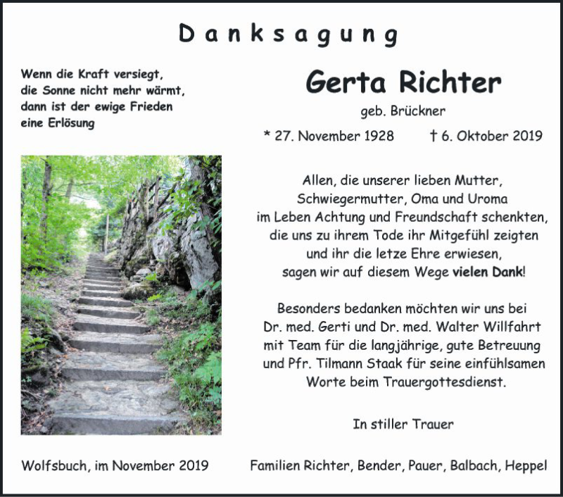  Traueranzeige für Gerta Richter vom 02.11.2019 aus Fränkische Nachrichten