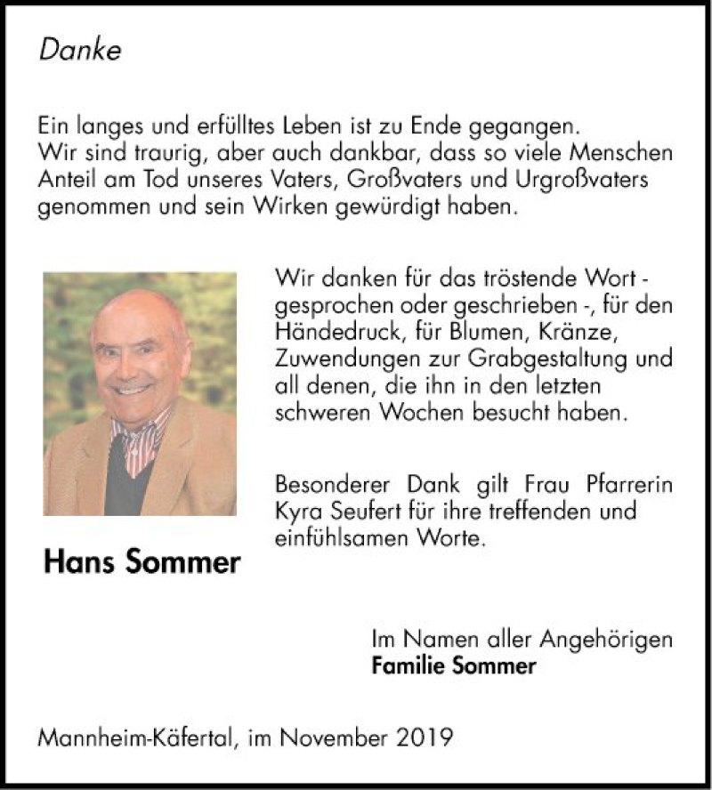  Traueranzeige für Hans Sommer vom 09.11.2019 aus Mannheimer Morgen