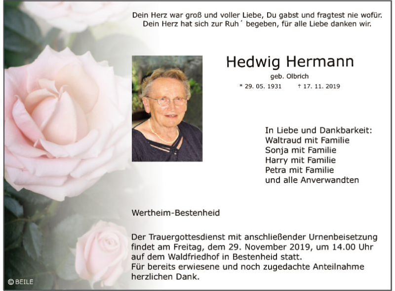  Traueranzeige für Hedwig Hermann vom 23.11.2019 aus Fränkische Nachrichten