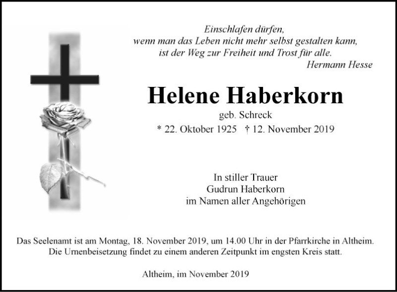  Traueranzeige für Helene Haberkorn vom 15.11.2019 aus Fränkische Nachrichten