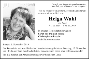 Traueranzeige von Helga Wahl von Fränkische Nachrichten