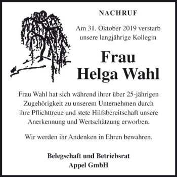 Traueranzeige von Helga Wahl von Fränkische Nachrichten