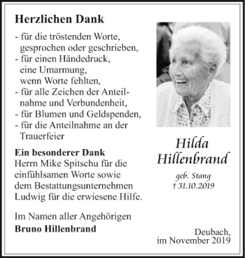 Traueranzeige von Hilda Hillenbrand von Fränkische Nachrichten