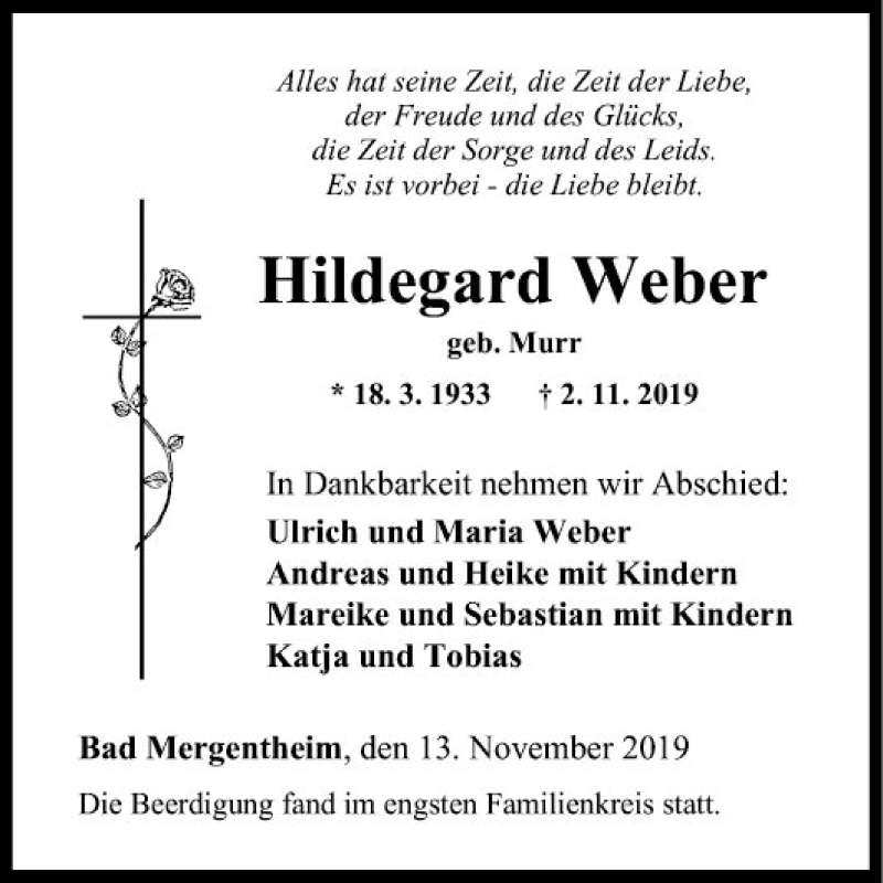  Traueranzeige für Hildegard Weber vom 13.11.2019 aus Fränkische Nachrichten