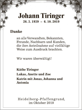 Traueranzeige von Johann Tiringer von Schwetzinger Zeitung