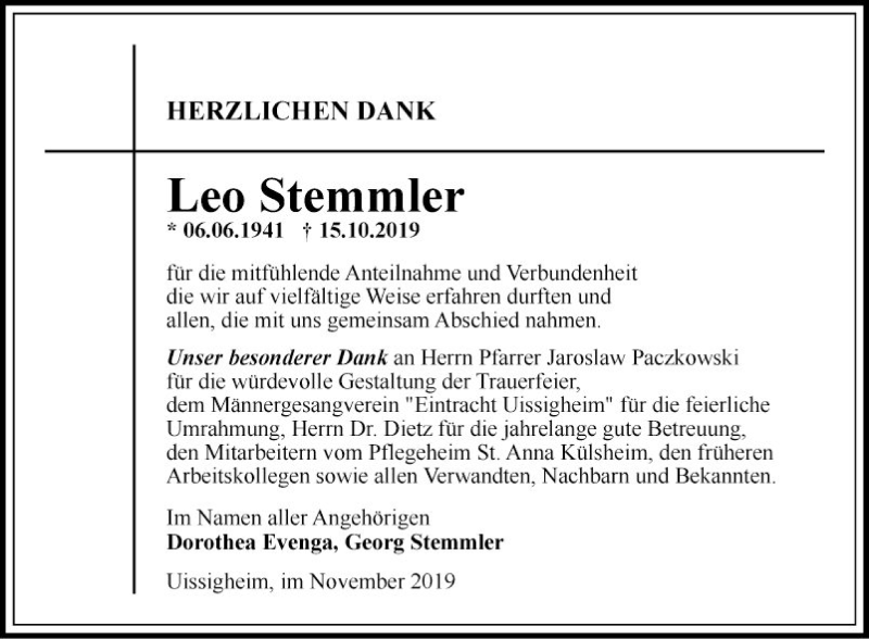  Traueranzeige für Leo Stemmler vom 09.11.2019 aus Fränkische Nachrichten