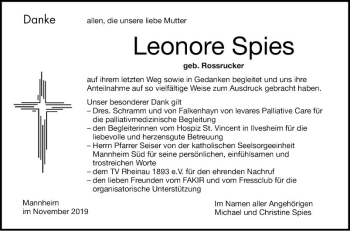 Traueranzeige von Leonore Spies von Mannheimer Morgen