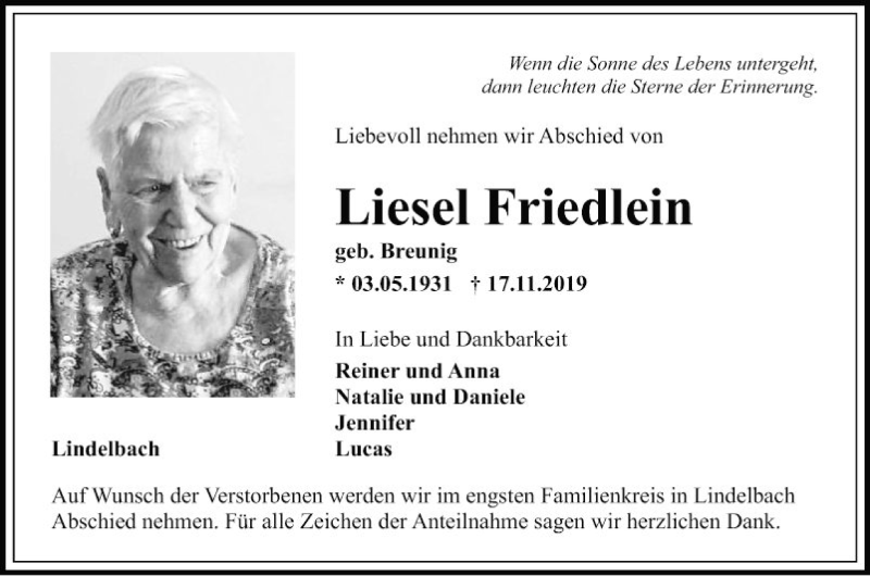  Traueranzeige für Liesel Friedlein vom 23.11.2019 aus Fränkische Nachrichten