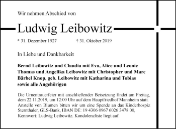 Traueranzeige von Ludwig Leibowitz von Mannheimer Morgen