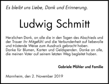 Traueranzeige von Ludwig Schmitt von Mannheimer Morgen