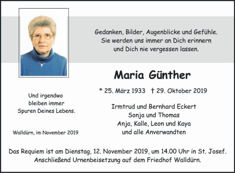 Traueranzeigen von Maria Günther | Trauerportal Ihrer Tageszeitung