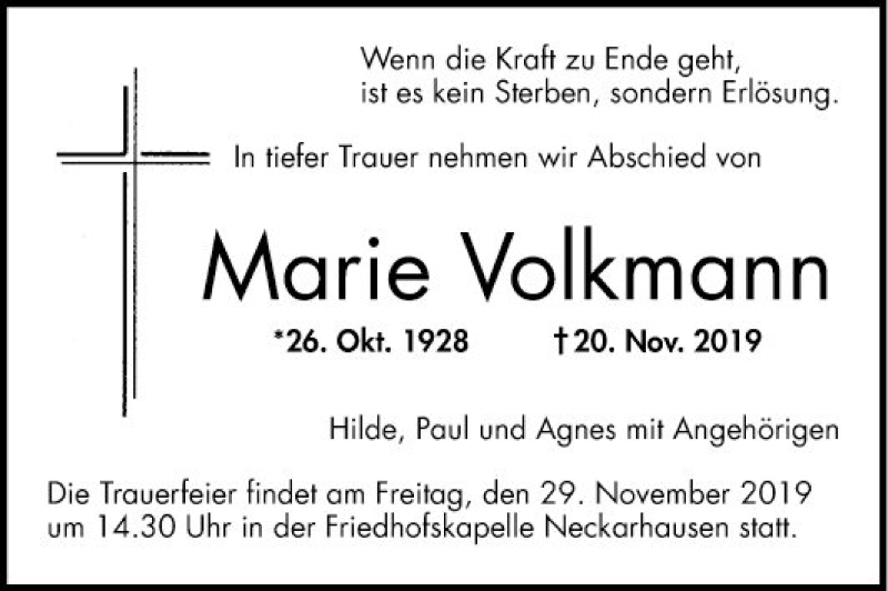  Traueranzeige für Marie Volkmann vom 23.11.2019 aus Mannheimer Morgen
