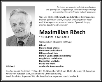 Traueranzeige von Maximilian Rösch von Fränkische Nachrichten