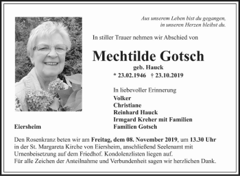 Traueranzeige von Mechtilde Gotsch von Fränkische Nachrichten
