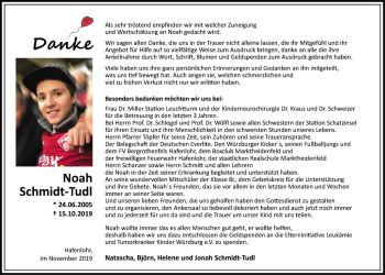 Traueranzeige von Noah Schmidt-Tudl von Fränkische Nachrichten