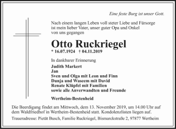 Traueranzeige von Otto Ruckriegel von Fränkische Nachrichten
