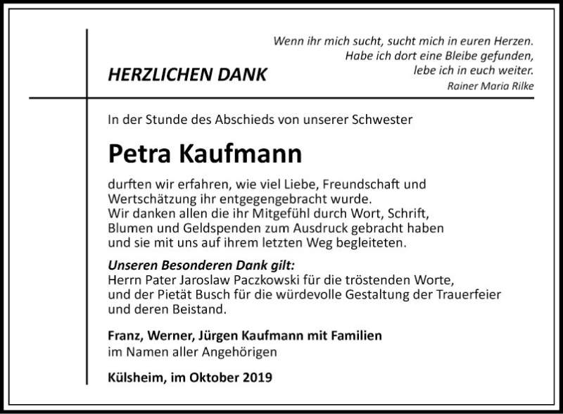  Traueranzeige für Petra Kaufmann vom 02.11.2019 aus Fränkische Nachrichten