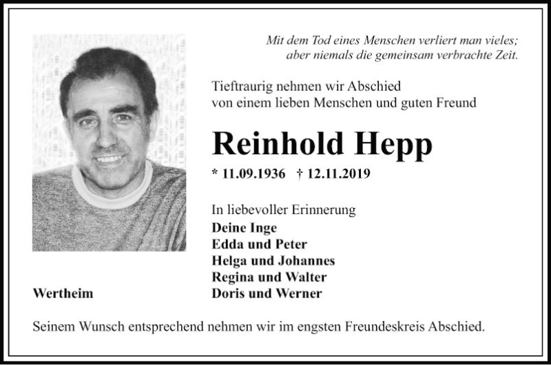  Traueranzeige für Reinhold Hepp vom 26.11.2019 aus Fränkische Nachrichten