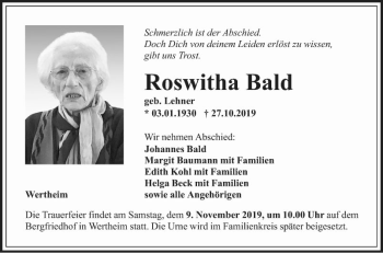 Traueranzeige von Roswitha Bald von Fränkische Nachrichten