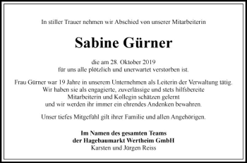 Traueranzeige von Sabine Gürner von Fränkische Nachrichten