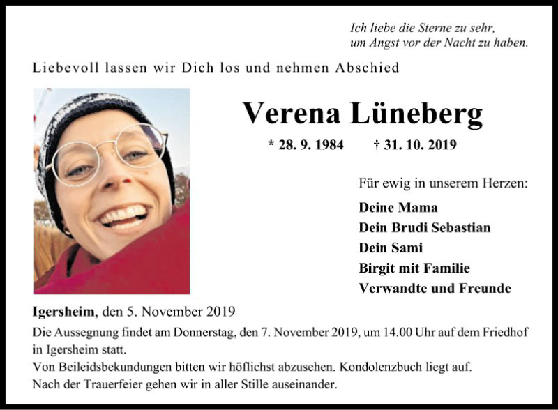  Traueranzeige für Verena Lüneberg vom 05.11.2019 aus Fränkische Nachrichten