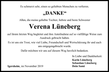 Traueranzeige von Verena Lüneberg von Fränkische Nachrichten